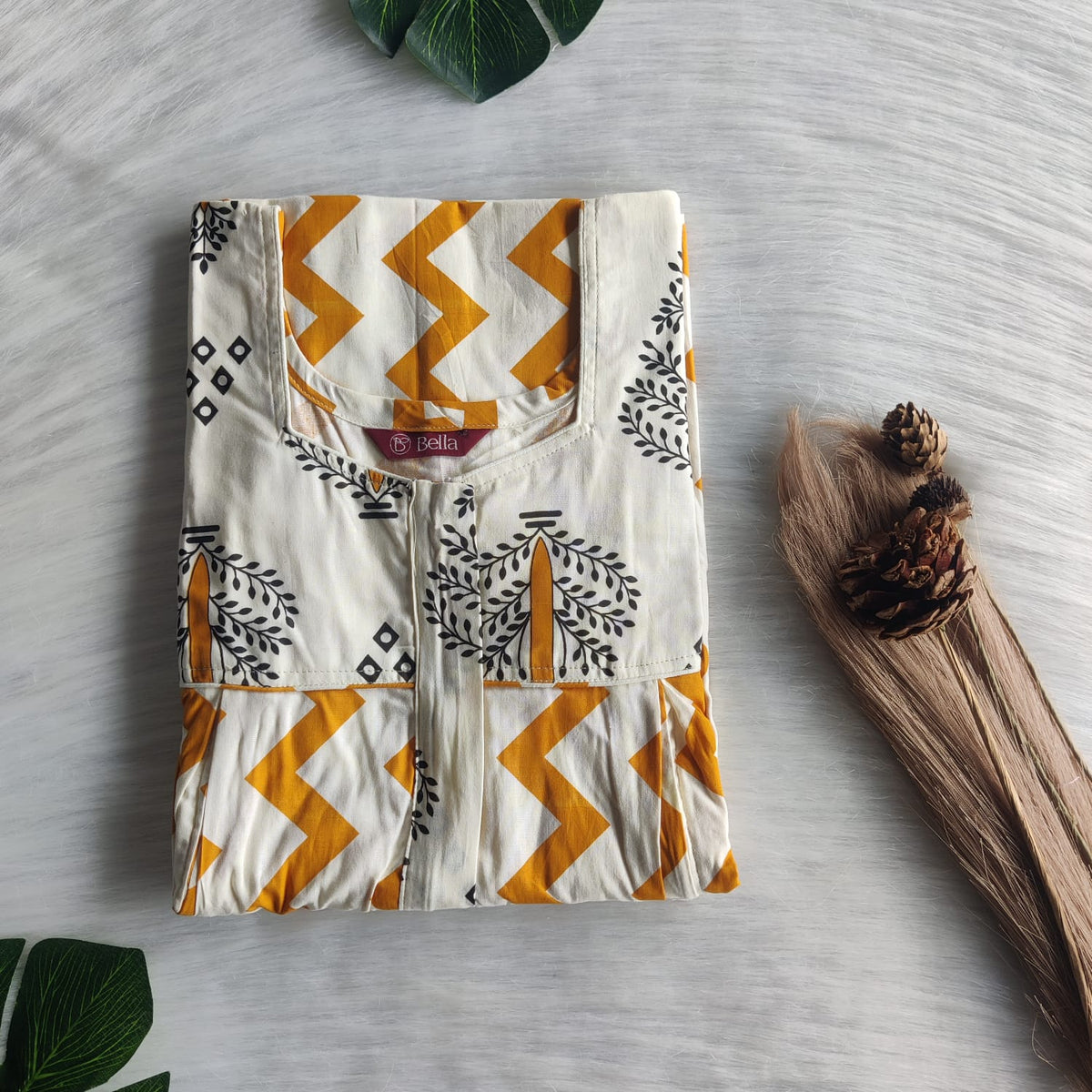 White And Mustard Yellow Zigzag Printed Premium Cotton Pleated Vertical Zip Feeding Nighty | Free Size | Chest Width 44″| Length 54″-56″