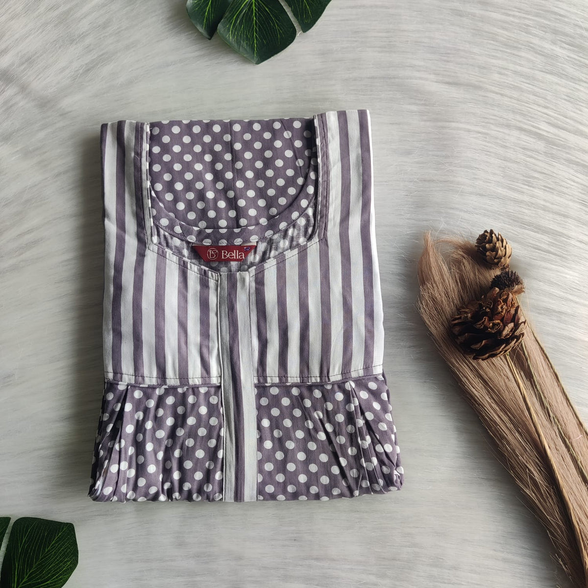 White And Ash Grey Printed Premium Cotton Pleated Vertical Zip Feeding Nighty | Free Size | Chest Width 44″| Length 54″-56″