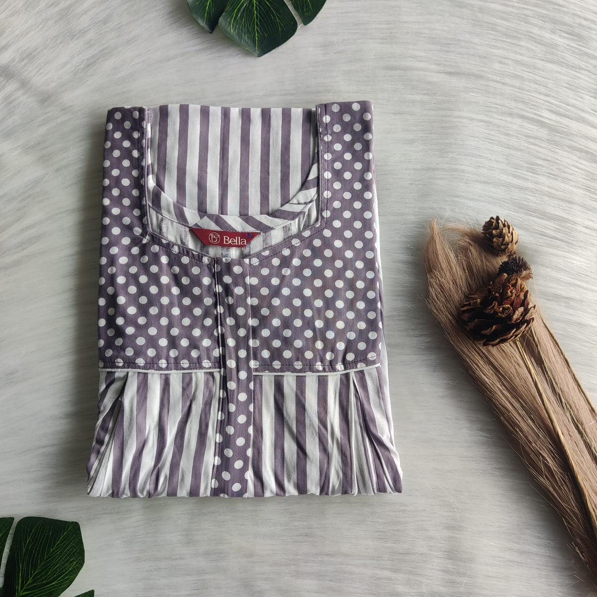 Ash Grey And White Stripes Printed Premium Cotton Pleated Vertical Zip Feeding Nighty | Free Size | Chest Width 44″| Length 54″-56″