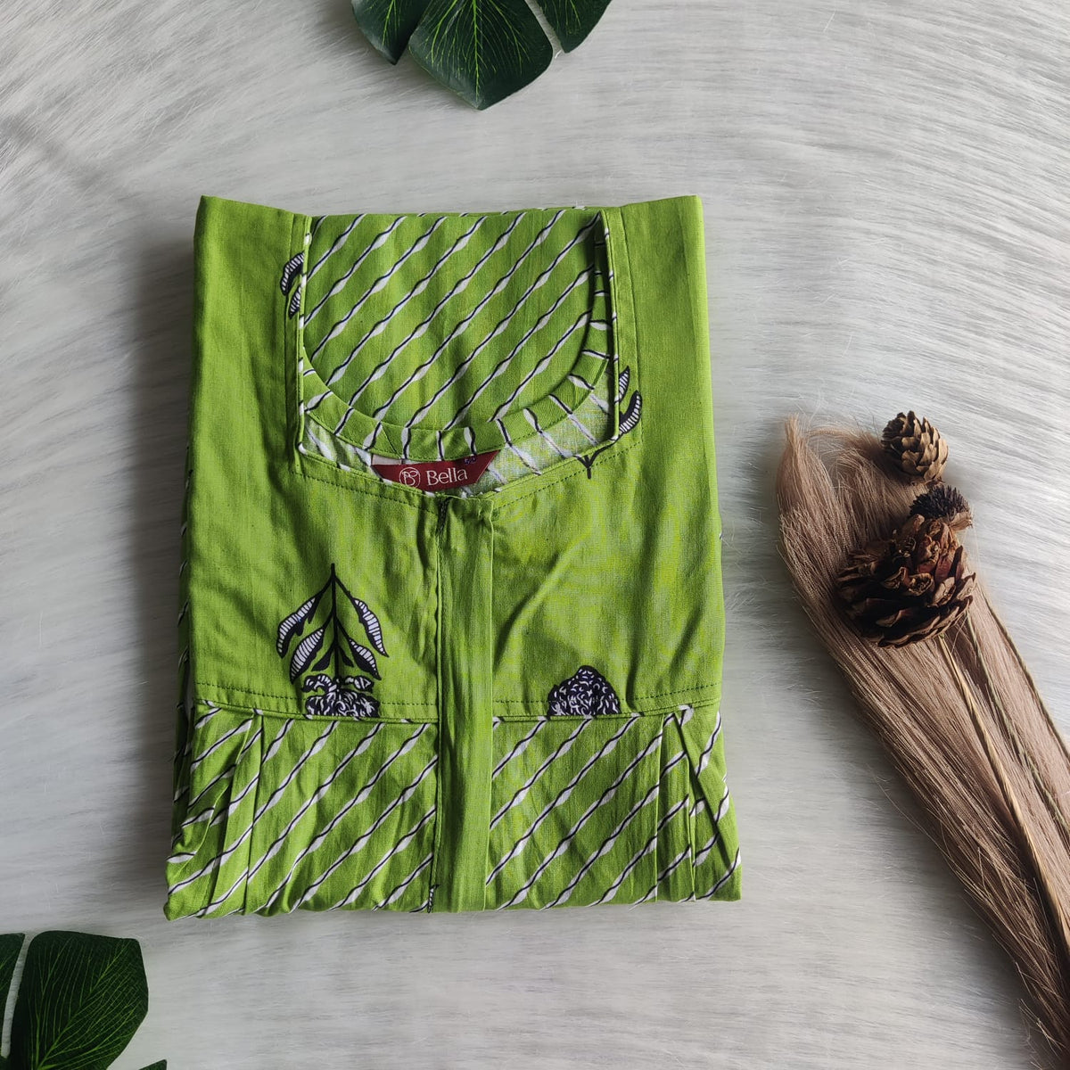 Green And White Stripes Printed Premium Cotton Pleated Vertical Zip Feeding Nighty | Free Size | Chest Width 44″| Length 54″-56″