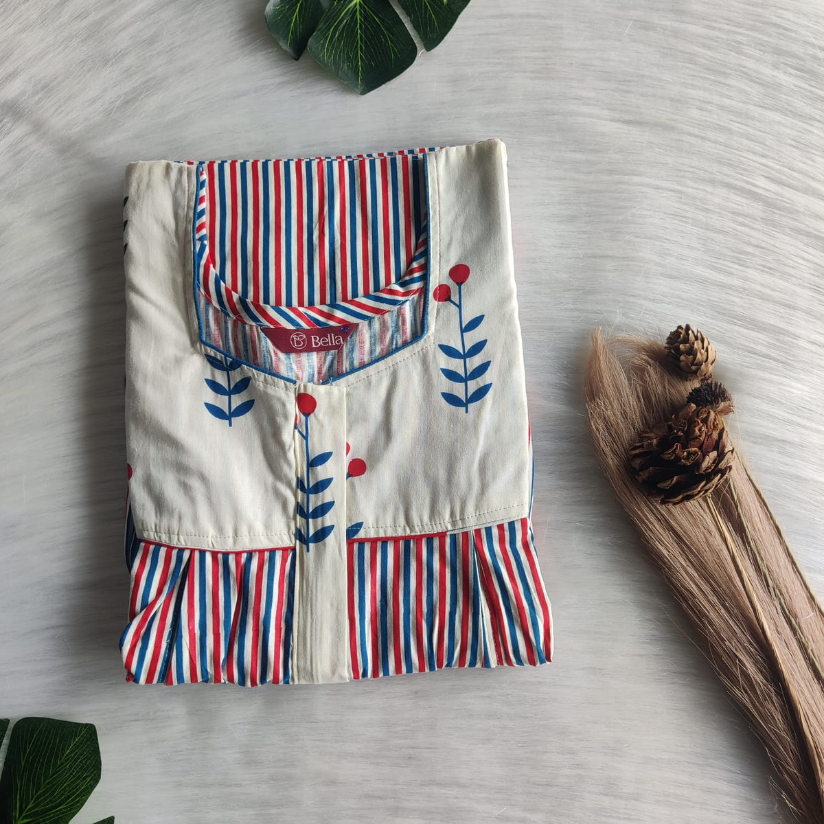 Ivory And Blue Stripes Printed Premium Cotton Pleated Vertical Zip Feeding Nighty | Free Size | Chest Width 44″| Length 54″-56″