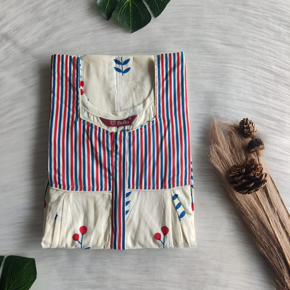 Blue And Ivory Printed Premium Cotton Pleated Vertical Zip Feeding Nighty | Free Size | Chest Width 44″| Length 54″-56″