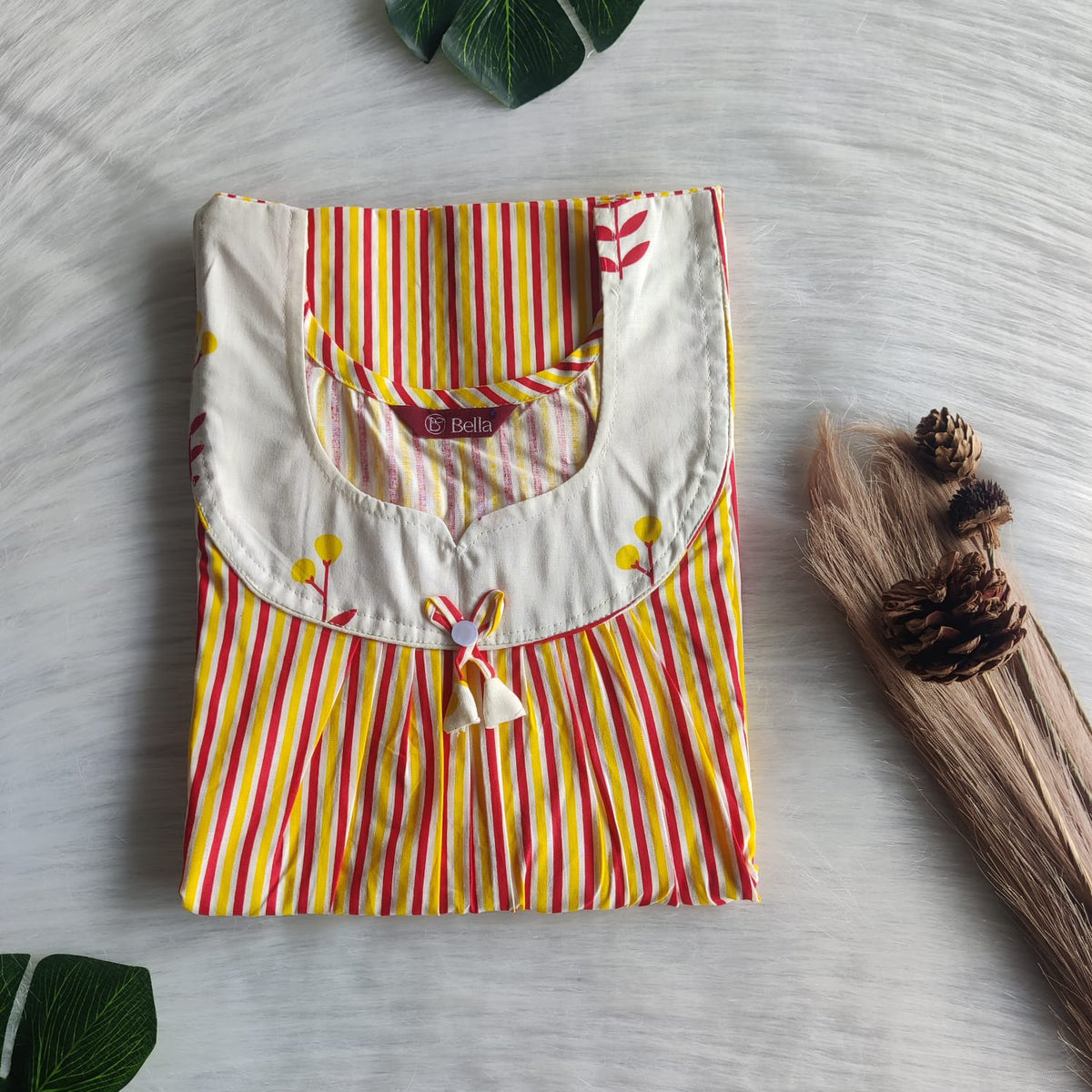 Ivory And Yellow Stripes Printed Premium Cotton No Zip Pleated Nighty | Free Size | Chest Width 44″| Length 55″-56″