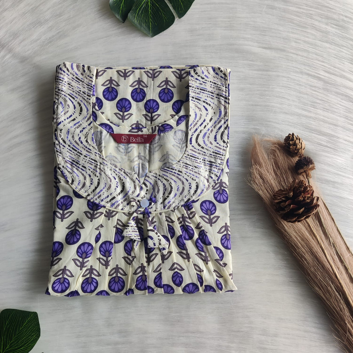 White And Violet Floral Printed Premium Cotton No Zip Pleated Nighty | Free Size | Chest Width 44″| Length 55″-56″
