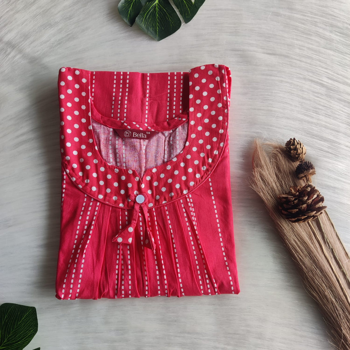 White And Red Printed Premium Cotton No Zip Pleated Nighty | Free Size | Chest Width 44″| Length 55″-56″