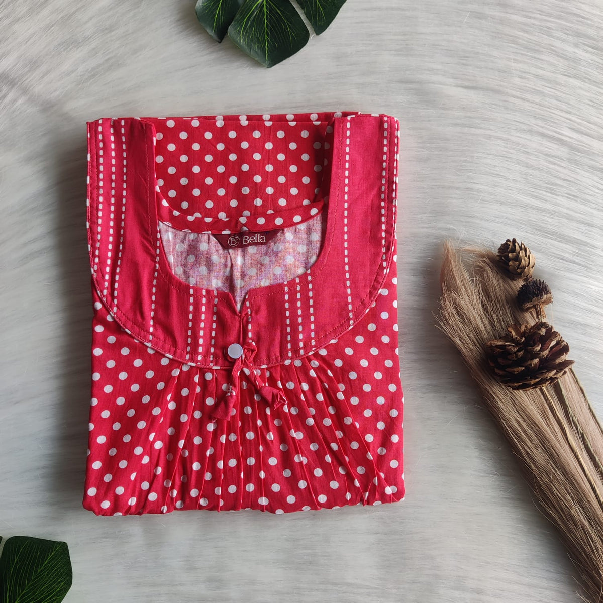 Red And White Dot Printed Premium Cotton No Zip Pleated Nighty | Free Size | Chest Width 44″| Length 55″-56″
