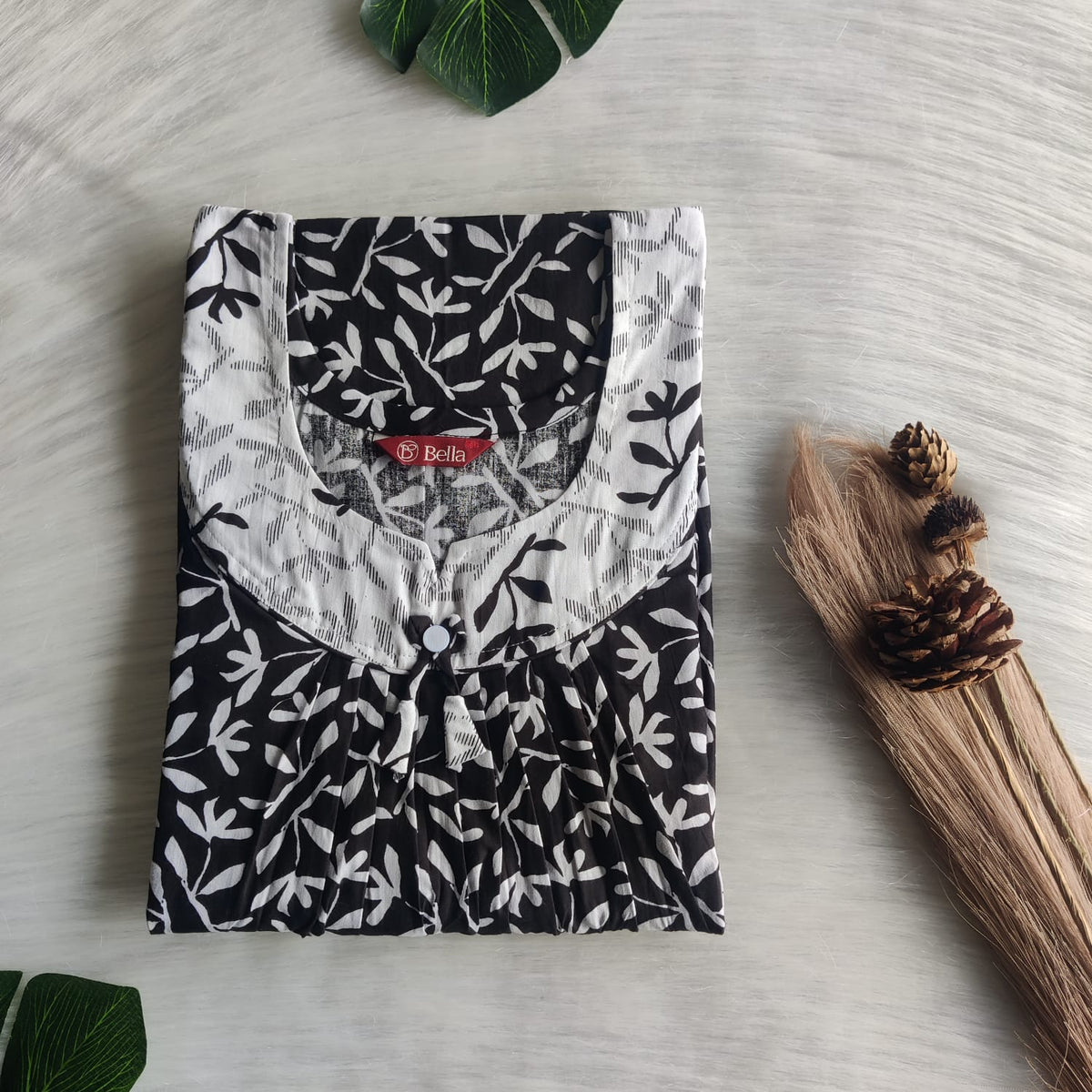 White And Black Printed Premium Cotton No Zip Pleated Nighty | Free Size | Chest Width 44″| Length 55″-56″