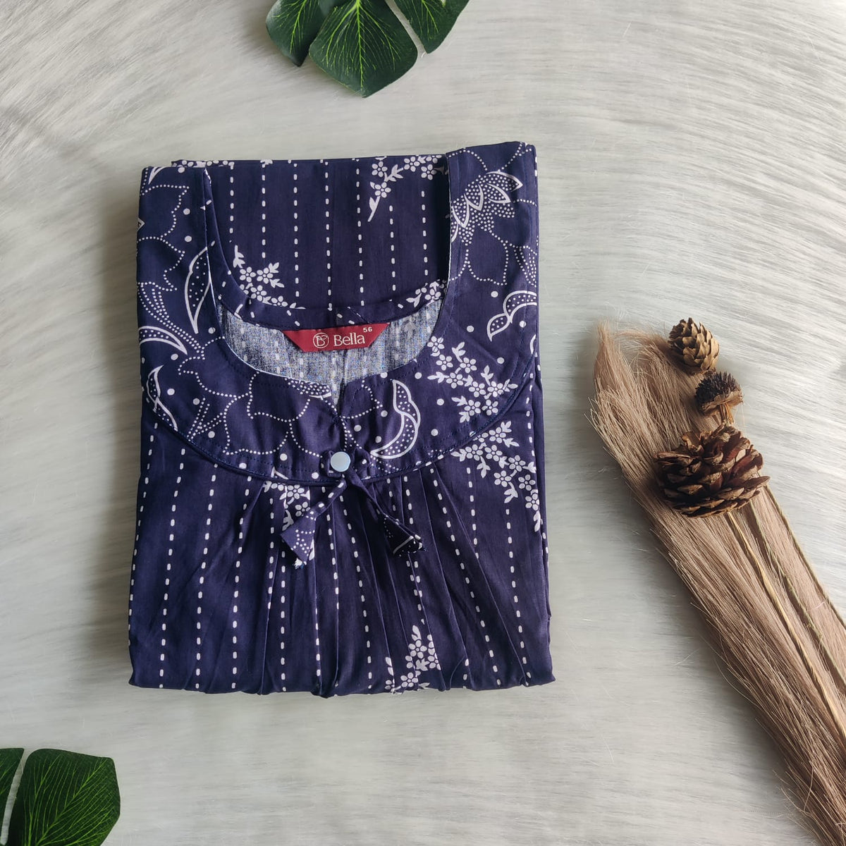 White And Navy Blue Printed Premium Cotton No Zip Pleated Nighty | Free Size | Chest Width 44″| Length 55″-56″