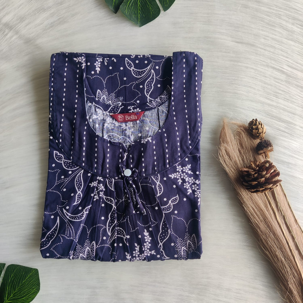 Navy Blue And White Floral Printed Premium Cotton No Zip Pleated Nighty | Free Size | Chest Width 44″| Length 55″-56″