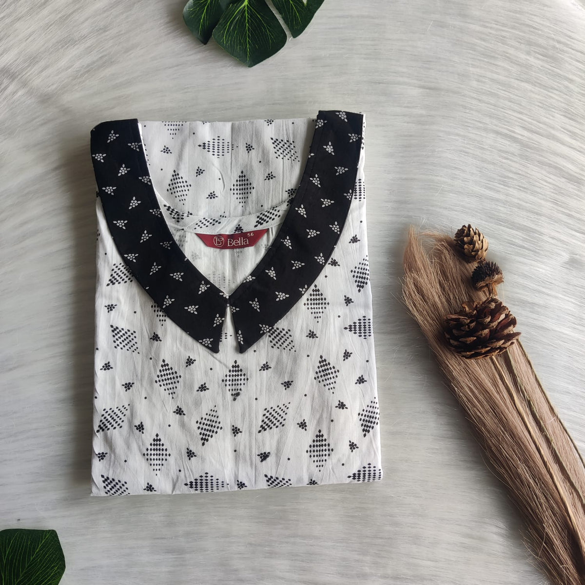 Black And White Printed Premium Cotton Peter Pan Collar Nighty | Free Size | Chest Width 44″| Length 55″-56″