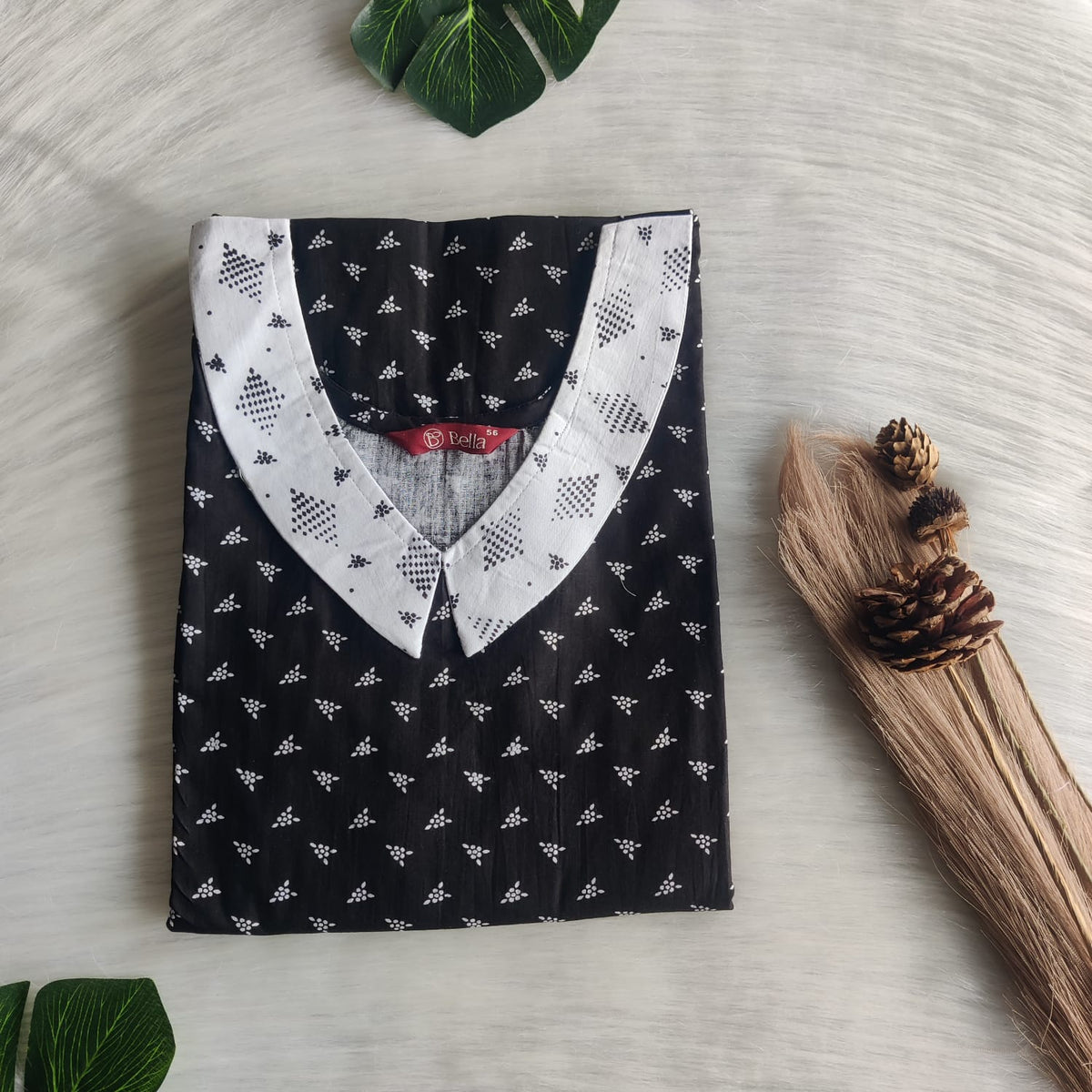 White And Black Printed Premium Cotton Peter Pan Collar Nighty | Free Size | Chest Width 44″| Length 55″-56″
