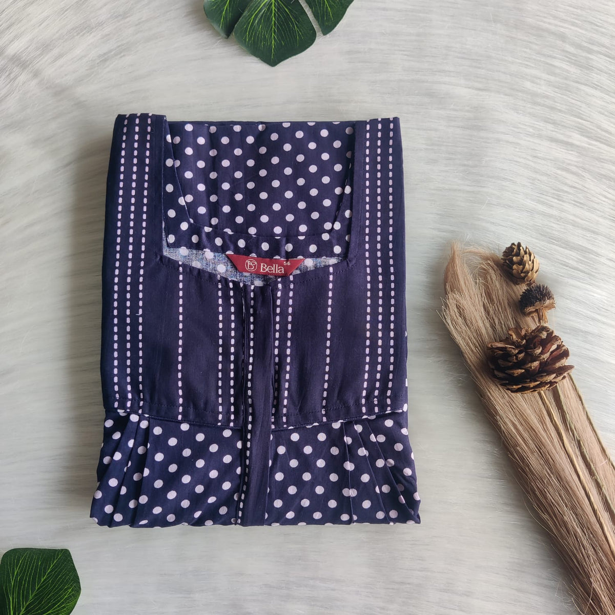 Navy Blue And White Dot Printed Premium Cotton Square Neck Pleated Nighty | Free Size | Chest Width 44″| Length 55″-56″
