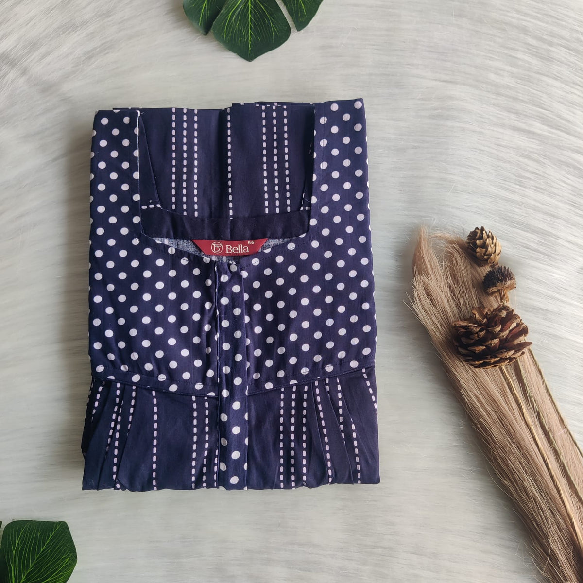 White And Navy Blue Printed Premium Cotton Square Neck Pleated Nighty | Free Size | Chest Width 44″| Length 55″-56″