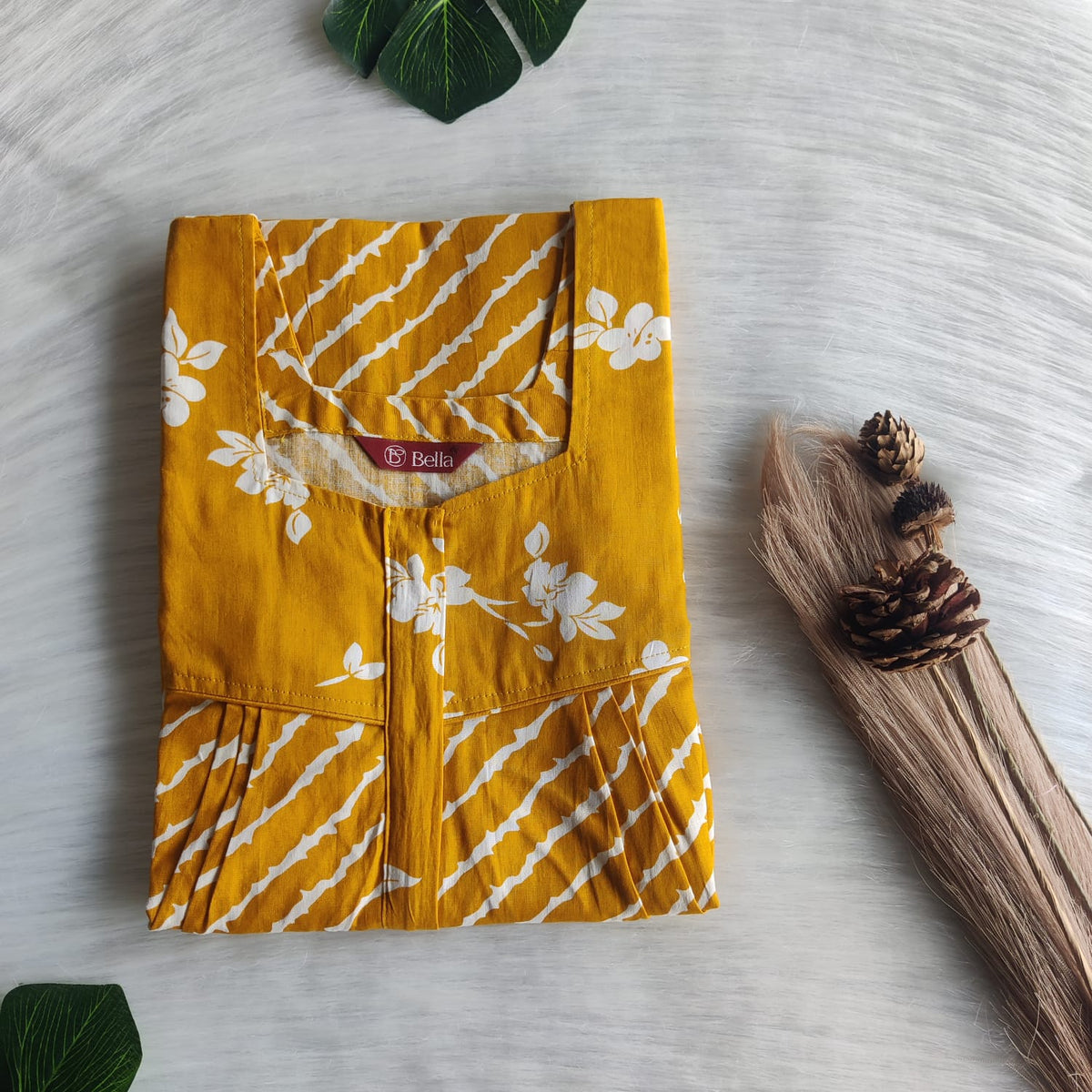 Mustard Yellow And White Stripes Printed Premium Cotton Square Neck Pleated Nighty | Free Size | Chest Width 44″| Length 55″-56″