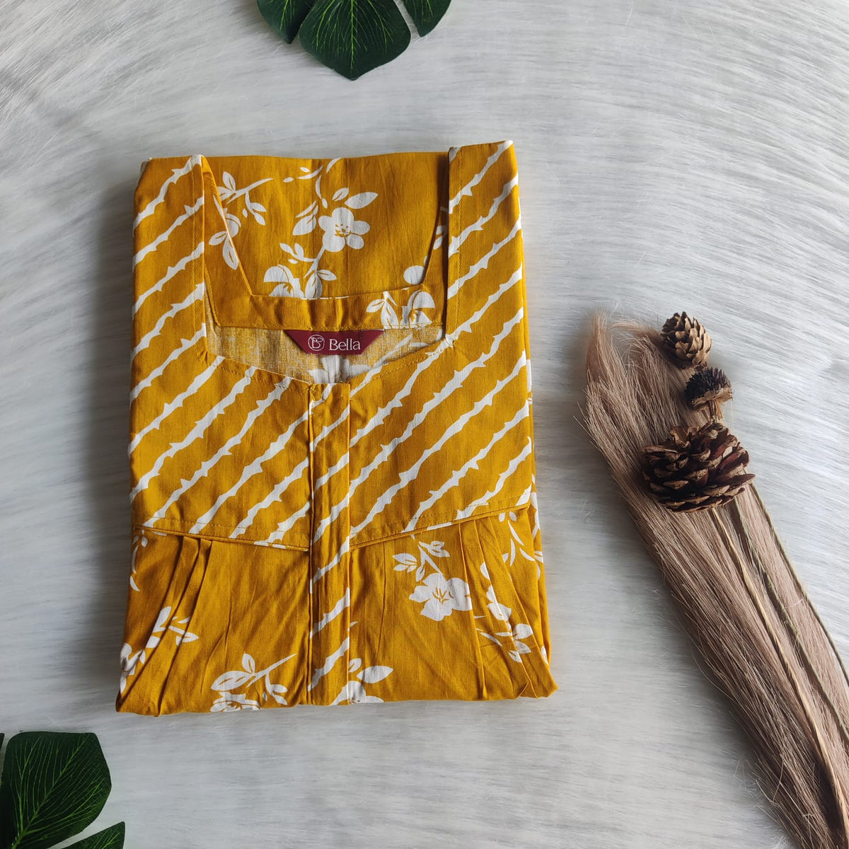 White And Mustard Yellow Printed Premium Cotton Square Neck Pleated Nighty | Free Size | Chest Width 44″| Length 55″-56″