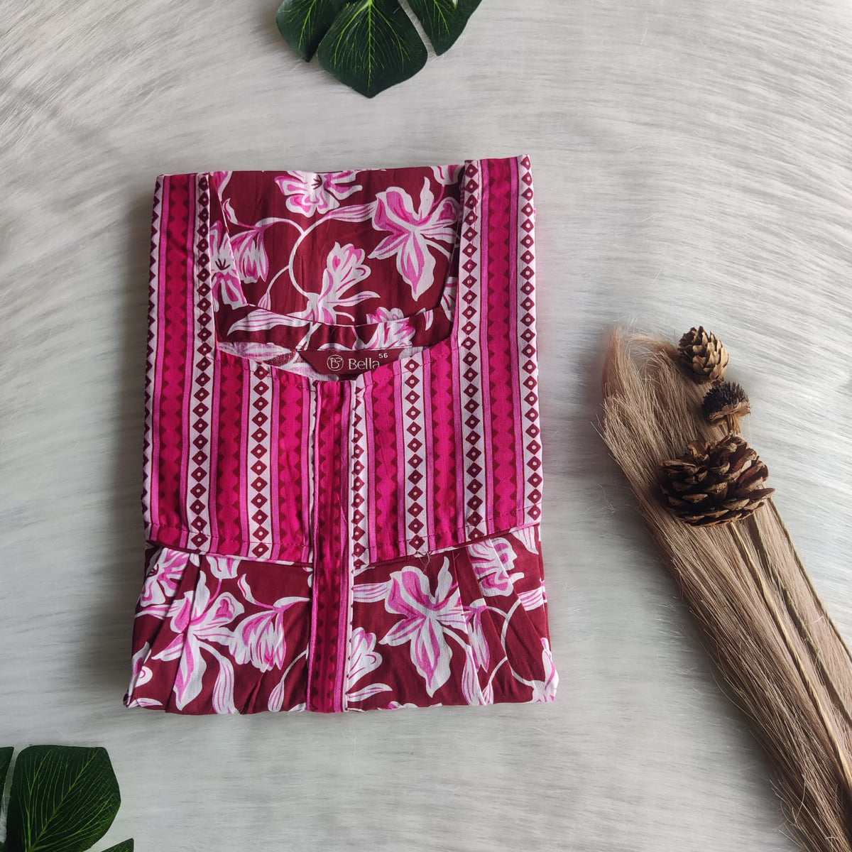 Pale And Dark Maroon Printed Premium Cotton Square Neck Pleated Nighty | Free Size | Chest Width 44″| Length 55″-56″