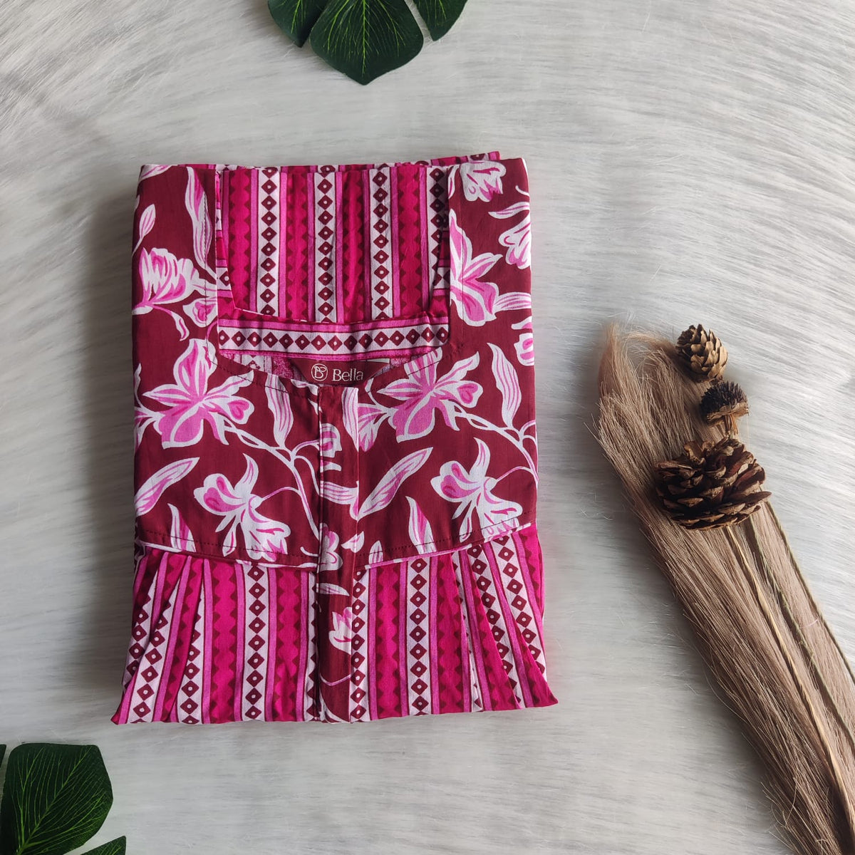 Dark And Pale Maroon Printed Premium Cotton Square Neck Pleated Nighty | Free Size | Chest Width 44″| Length 55″-56″