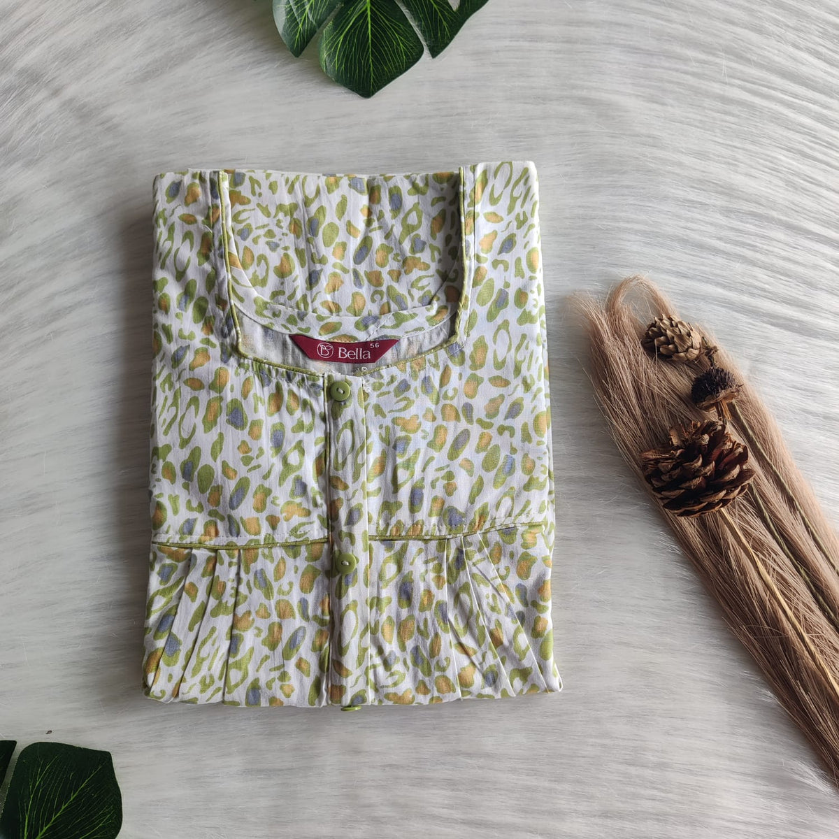 Yellow And Green Printed White Premium Cotton Button Zip Nighty | Free Size | Chest Width 44″| Length 55″-56″
