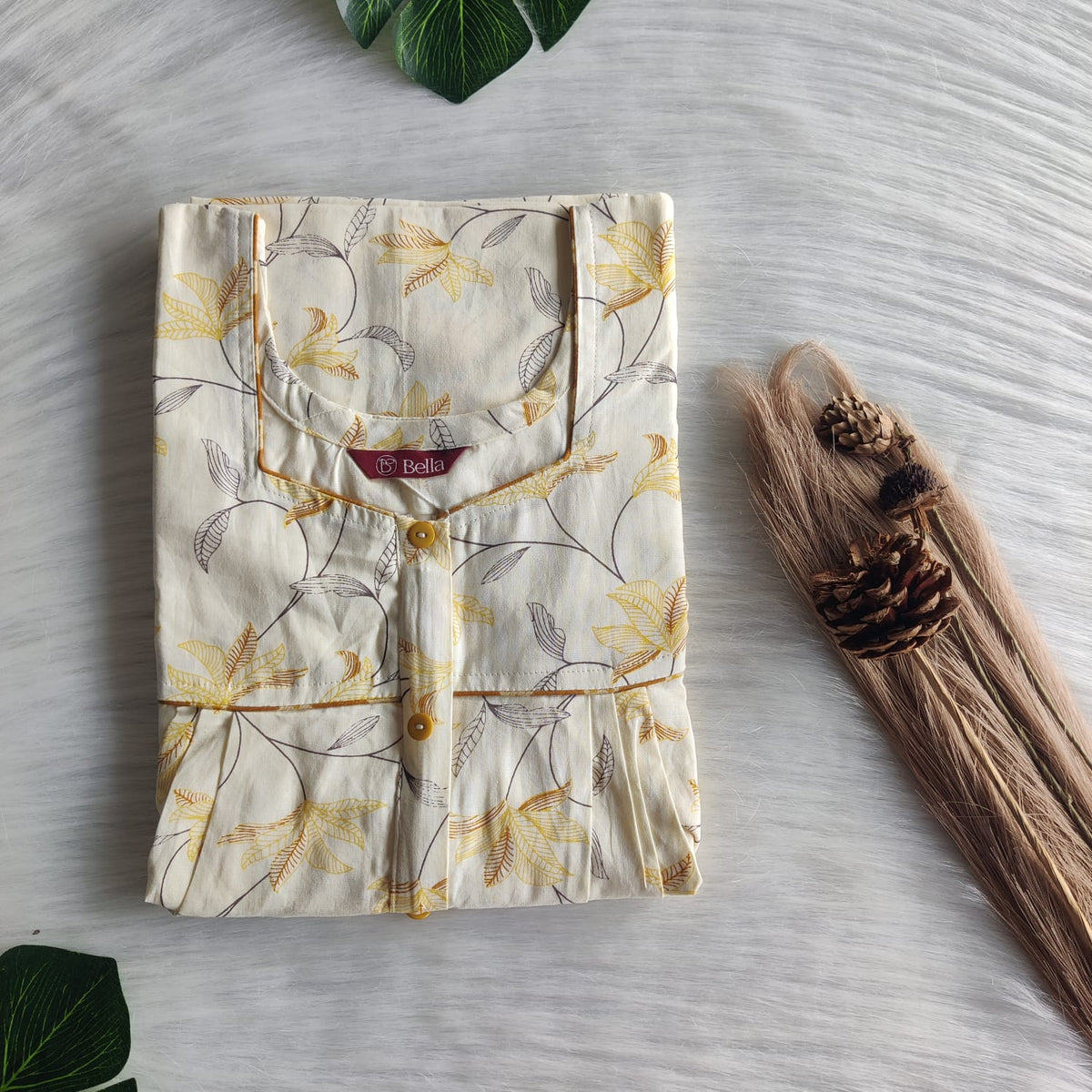 Pale Yellow Floral Printed Premium Cotton Button Zip Nighty | Free Size | Chest Width 44″| Length 55″-56″