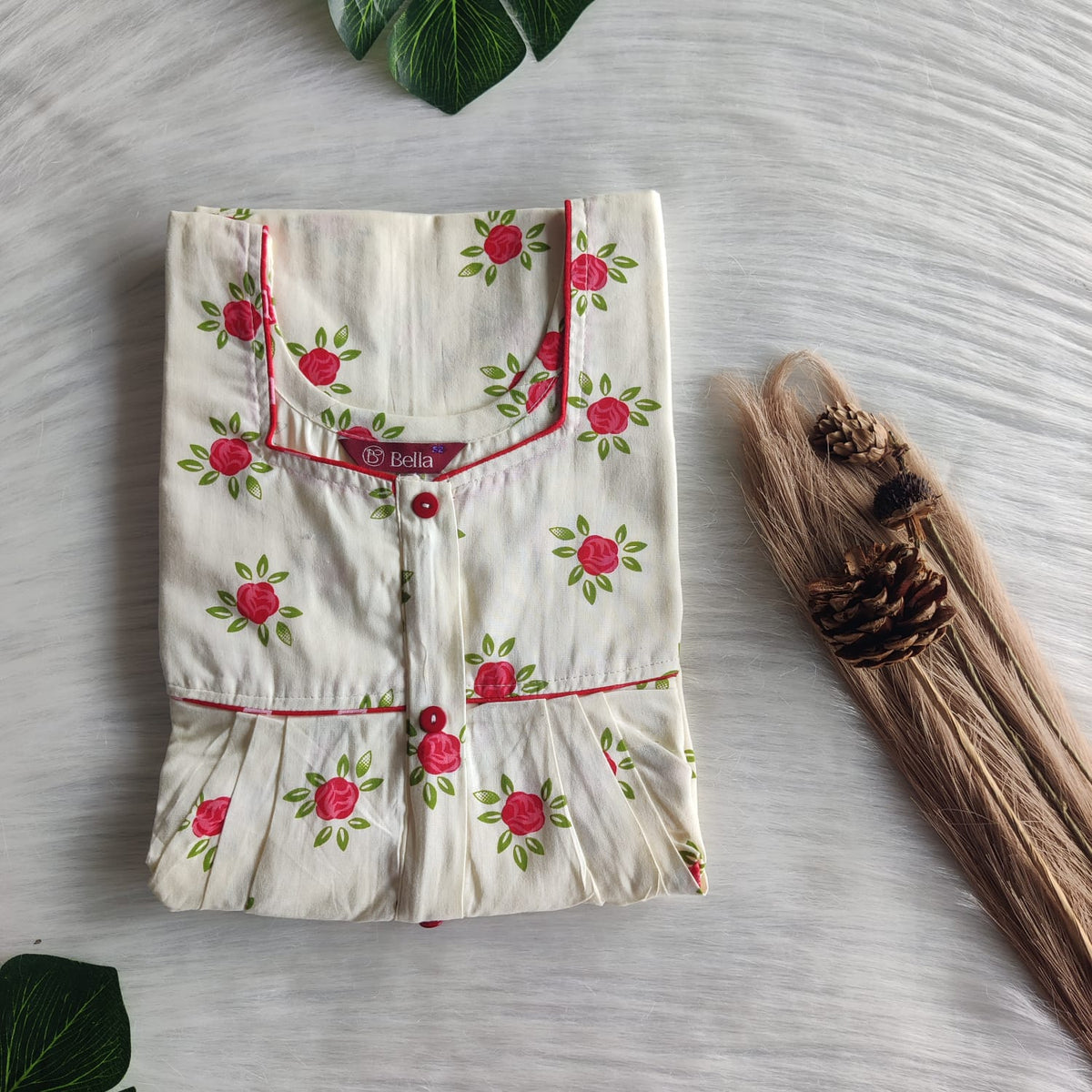 Red Floral Printed Ivory Premium Cotton Button Zip Nighty | Free Size | Chest Width 44″| Length 55″-56″