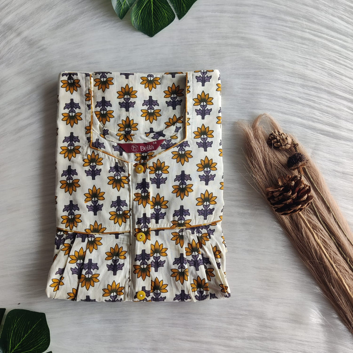 Brown Floral Printed Ivory Premium Cotton Button Zip Nighty | Free Size | Chest Width 44″| Length 55″-56″