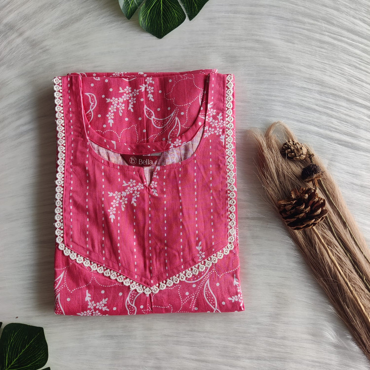 Pink And White Printed Premium Cotton Mix N Match Lace Pocket Nighty | Free Size | Chest Width 44″| Length 56″