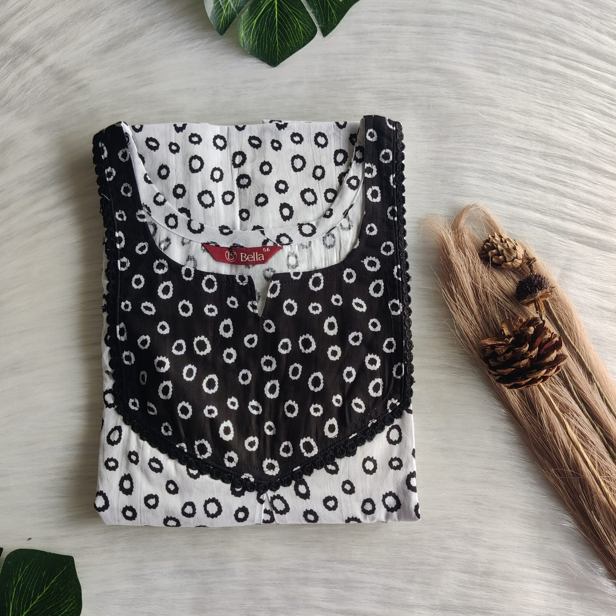 Black And White Dot Printed Premium Cotton Mix N Match Lace Pocket Nighty | Free Size | Chest Width 44″| Length 56″