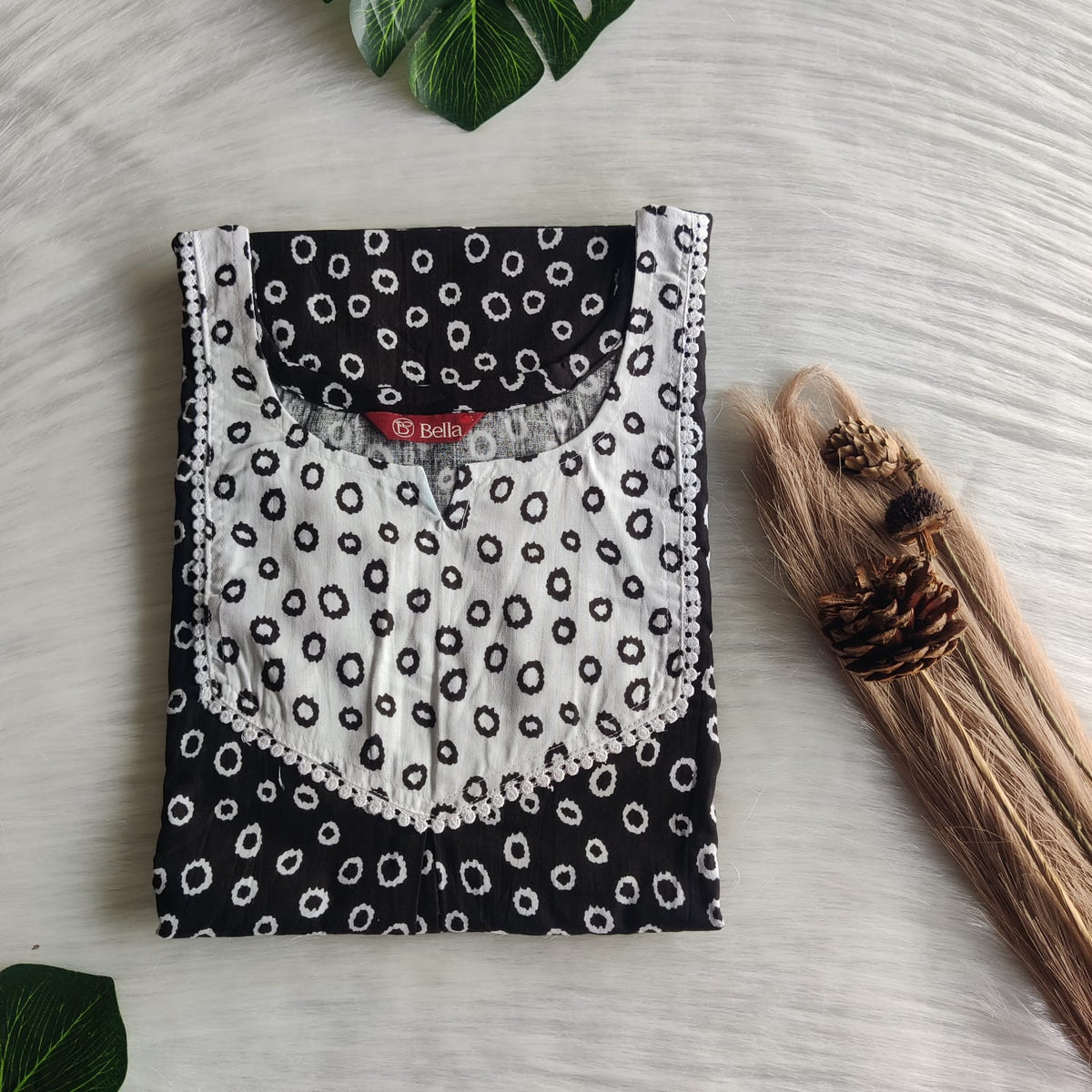 White And Black Dot Printed Premium Cotton Mix N Match Lace Pocket Nighty | Free Size | Chest Width 44″| Length 56″