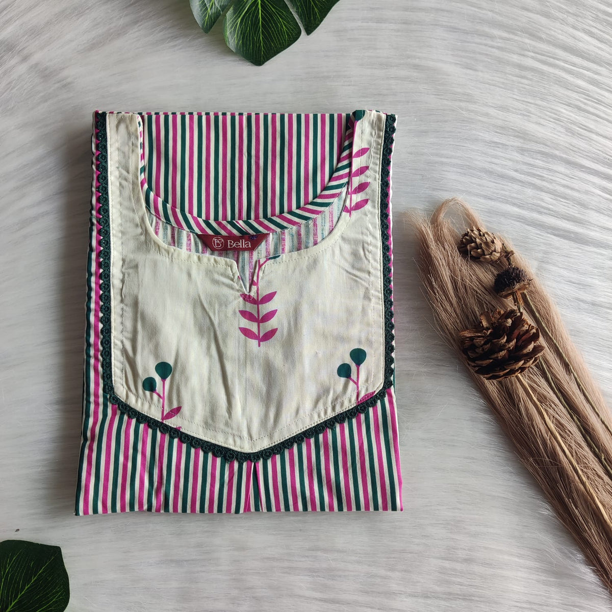 Ivory And Pink Stripes Printed Premium Cotton Mix N Match Lace Pocket Nighty | Free Size | Chest Width 44″| Length 56″
