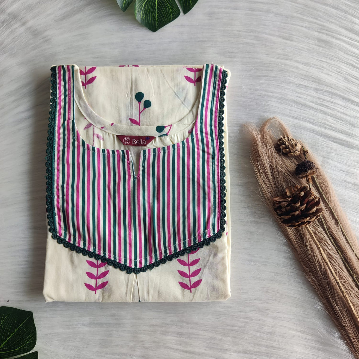 Pink And Ivory Printed Premium Cotton Mix N Match Lace Pocket Nighty | Free Size | Chest Width 44″| Length 56″