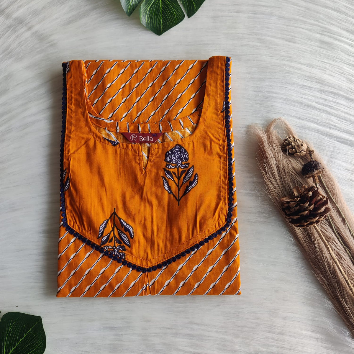 Dark Orange And White Stripes Printed Premium Cotton Mix N Match Lace Pocket Nighty | Free Size | Chest Width 44″| Length 56″