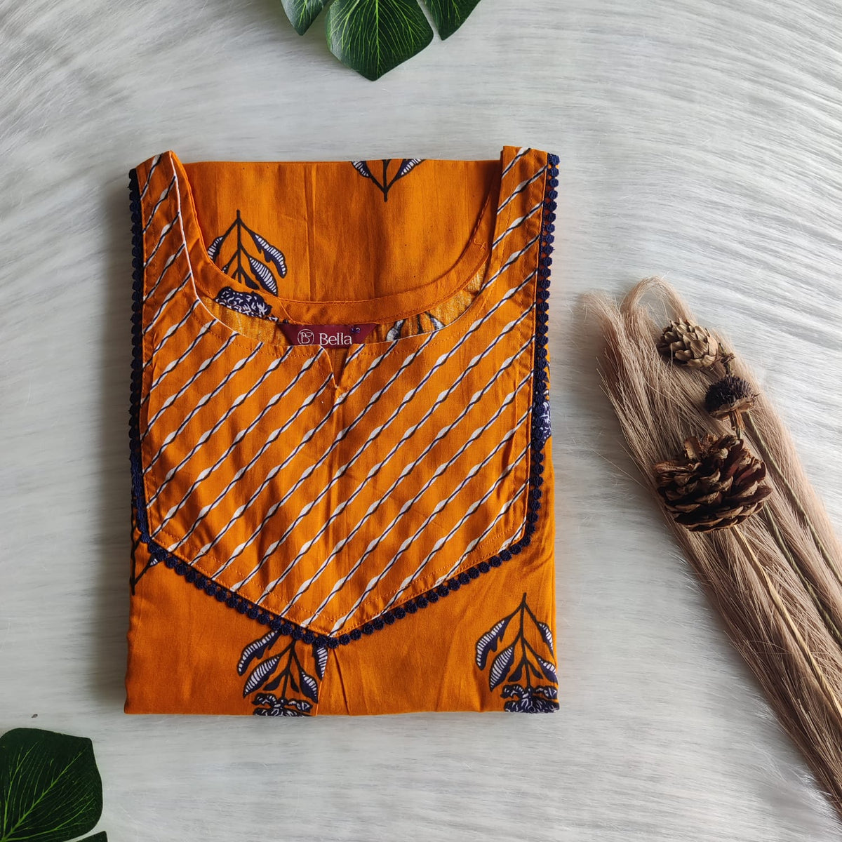 White And Dark Orange Printed Premium Cotton Mix N Match Lace Pocket Nighty | Free Size | Chest Width 44″| Length 56″