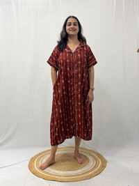 Rust Brown Printed Alfine Full Open Long Polo Shirt Dress | Side Pocket | Free Size | Chest Width 44″| Length 44″