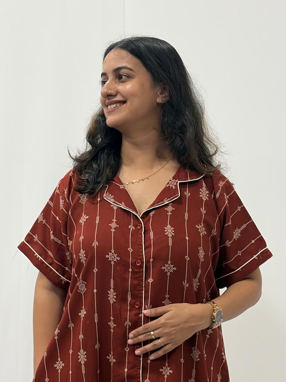 Rust Brown Printed Alfine Full Open Long Polo Shirt Dress | Side Pocket | Free Size | Chest Width 44″| Length 44″