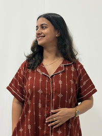 Rust Brown Printed Alfine Full Open Long Polo Shirt Dress | Side Pocket | Free Size | Chest Width 44″| Length 44″
