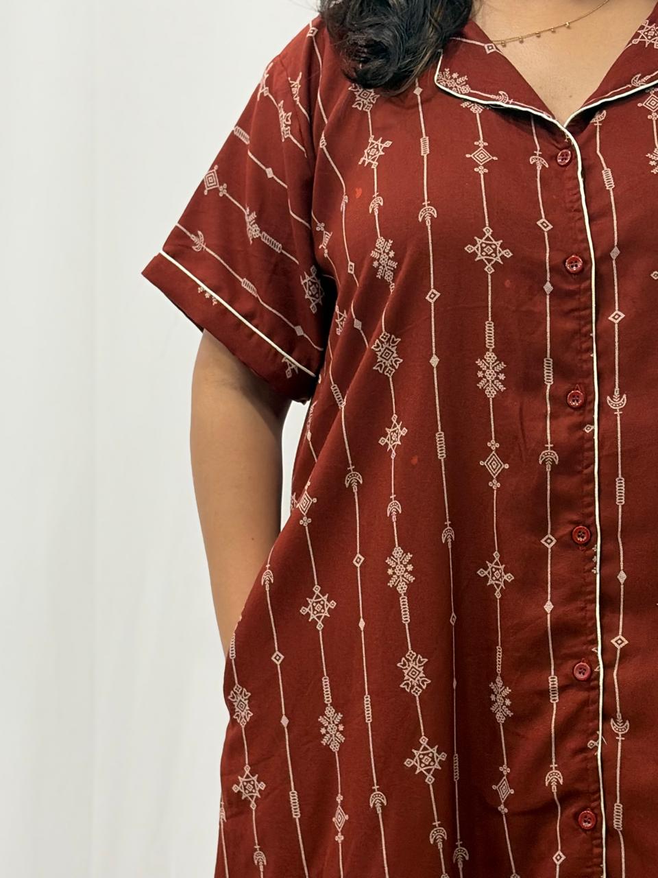 Rust Brown Printed Alfine Full Open Long Polo Shirt Dress | Side Pocket | Free Size | Chest Width 44″| Length 44″