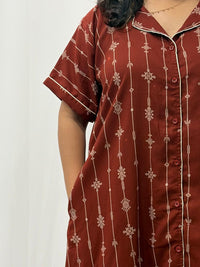 Rust Brown Printed Alfine Full Open Long Polo Shirt Dress | Side Pocket | Free Size | Chest Width 44″| Length 44″