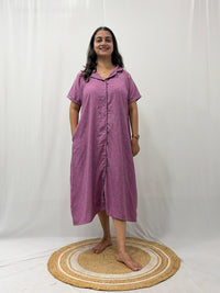 Mauve Pink Floral Printed Alfine Full Open Long Polo Shirt Dress | Side Pocket | Free Size | Chest Width 44″| Length 44″