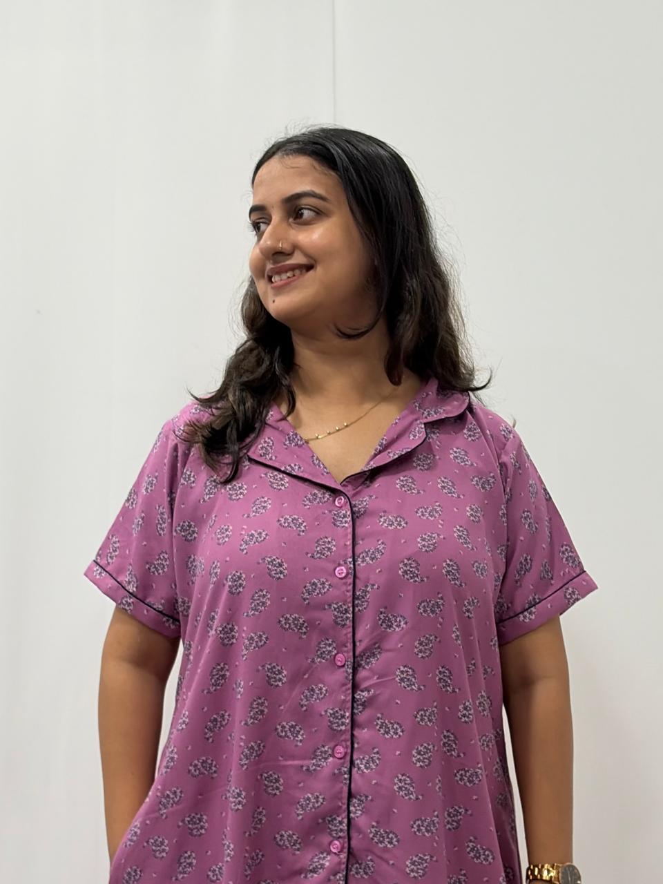 Mauve Pink Floral Printed Alfine Full Open Long Polo Shirt Dress | Side Pocket | Free Size | Chest Width 44″| Length 44″