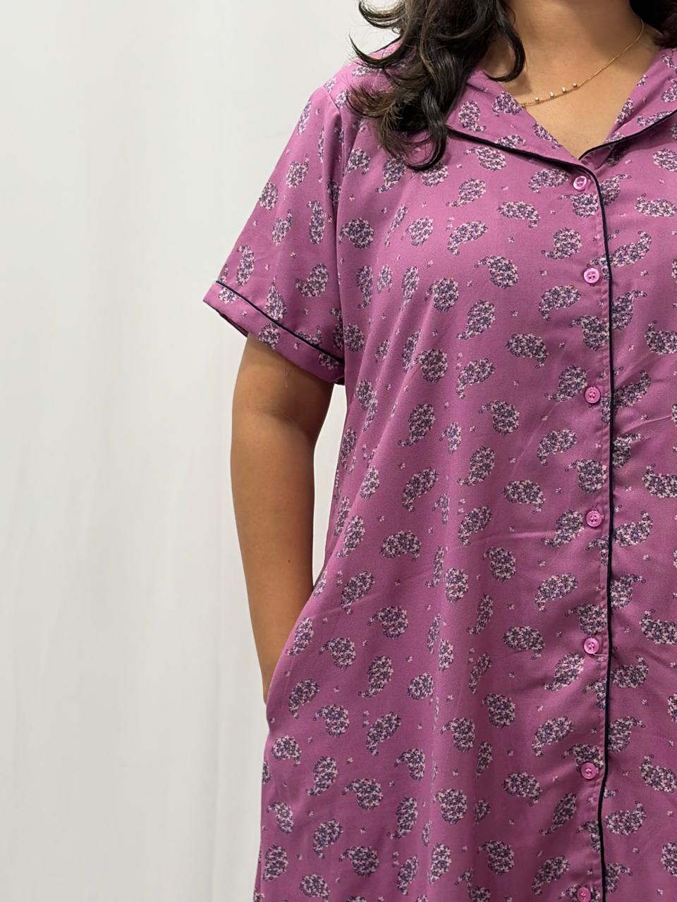 Mauve Pink Floral Printed Alfine Full Open Long Polo Shirt Dress | Side Pocket | Free Size | Chest Width 44″| Length 44″