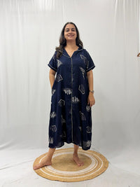 Navy-Blue Printed Alfine Full Open Long Polo Shirt Dress | Side Pocket | Free Size | Chest Width 44″| Length 44″