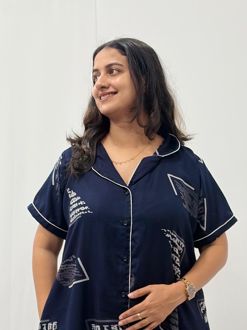 Navy-Blue Printed Alfine Full Open Long Polo Shirt Dress | Side Pocket | Free Size | Chest Width 44″| Length 44″