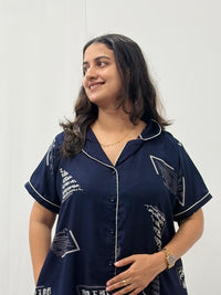Navy-Blue Printed Alfine Full Open Long Polo Shirt Dress | Side Pocket | Free Size | Chest Width 44″| Length 44″
