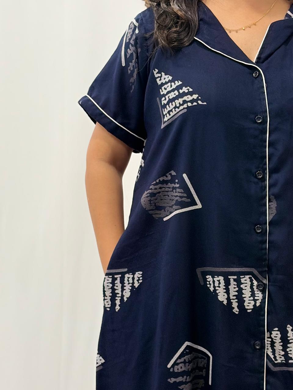 Navy-Blue Printed Alfine Full Open Long Polo Shirt Dress | Side Pocket | Free Size | Chest Width 44″| Length 44″