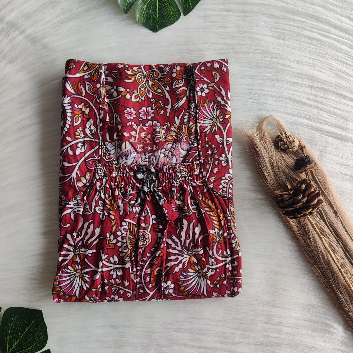 Maroon Printed Premium Cotton Front Elastic Pleated Nighty | Free Size | Chest Width 44″| Length 56″