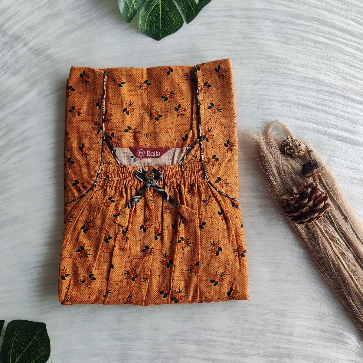 Brown Printed Premium Cotton Front Elastic Pleated Nighty | Free Size | Chest Width 44″| Length 56″