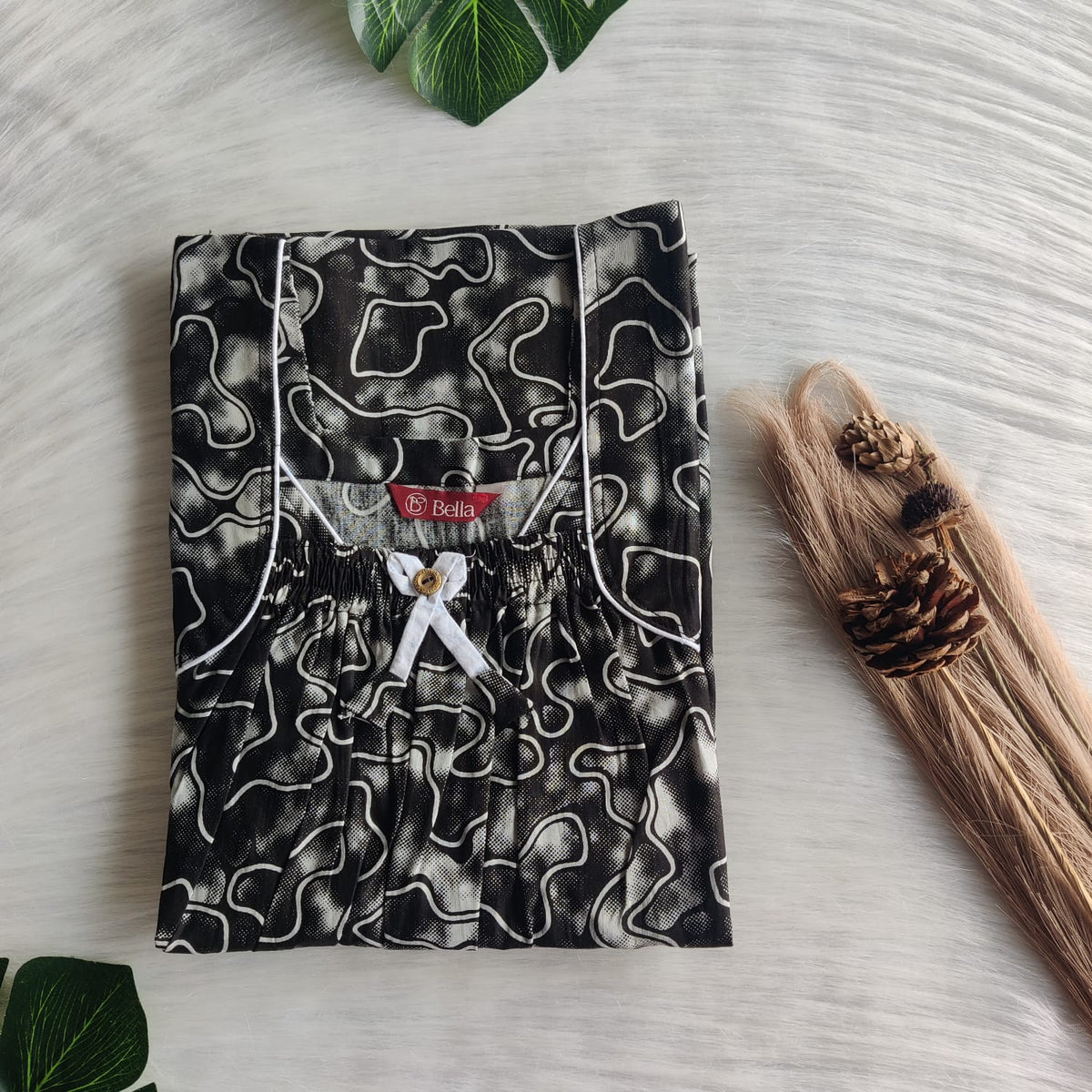 Black Printed Premium Cotton Front Elastic Pleated Nighty | Free Size | Chest Width 44″| Length 56″