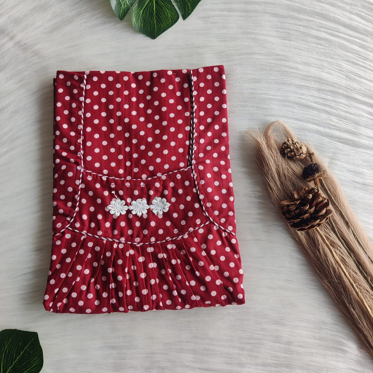 Maroon Dot Printed Premium Cotton Three Flower Nighty |Free Size | Chest Width 44"| Length 54"-55"