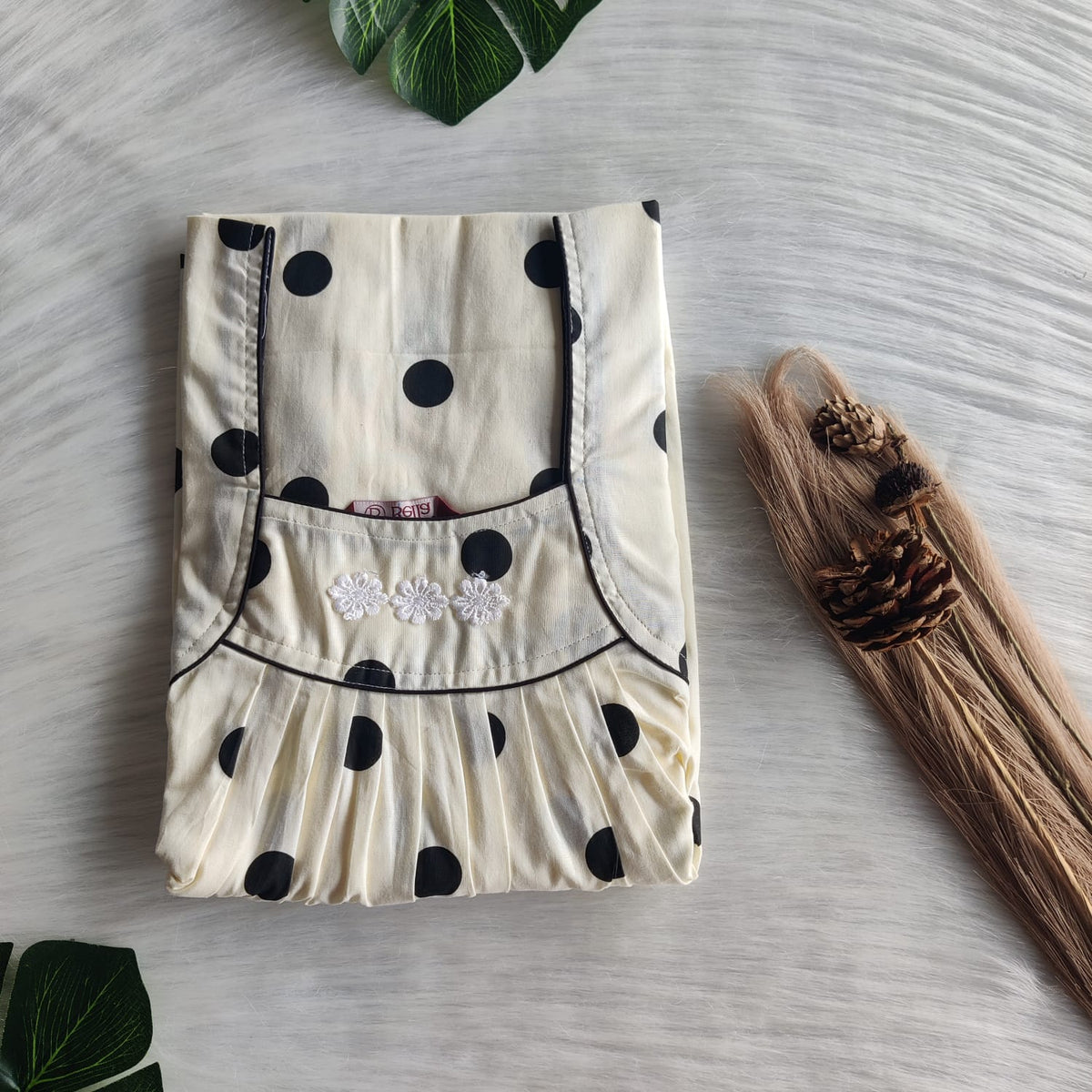 Black Dot Printed Ivory Premium Cotton Three Flower Nighty |Free Size | Chest Width 44"| Length 54"-55"