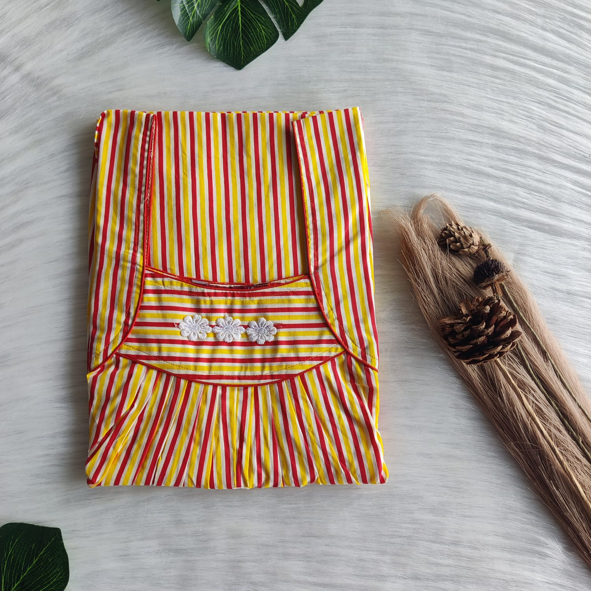 Red And Yellow Stripes Printed Premium Cotton Three Flower Nighty |Free Size | Chest Width 44"| Length 54"-55"